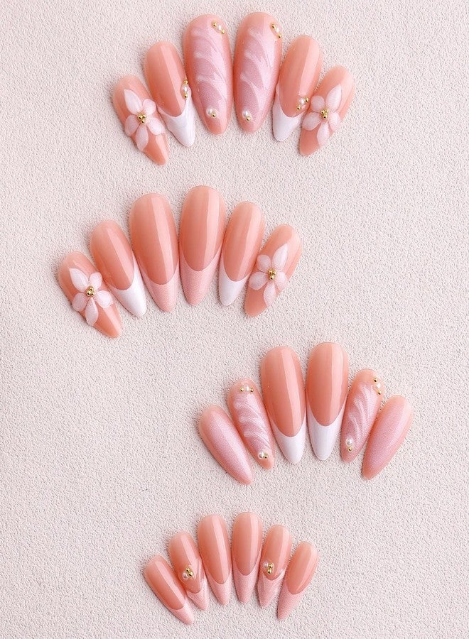 OCOUYVD 24 Pcs Flower Press on Nails Short Almond Reusable Fake Nails with 3D Pearl Design White French Tip Acrylic Nail Kit Glossy Full Cover False Nails Stick on Nail for Women Manicure Art Gifts - Image 2